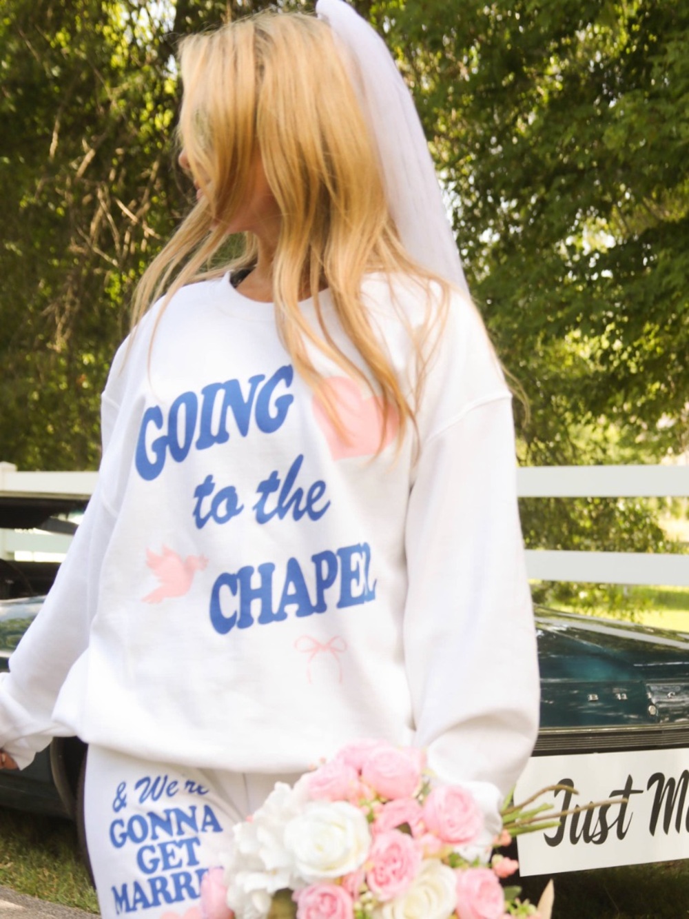 Going to the Chapel White Crewneck Sweatshirt with Blue & Pink Graphics